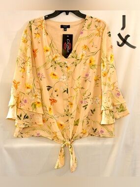 Cocomo Yellow Peach Floral Tie-Front Ruffle Blouse